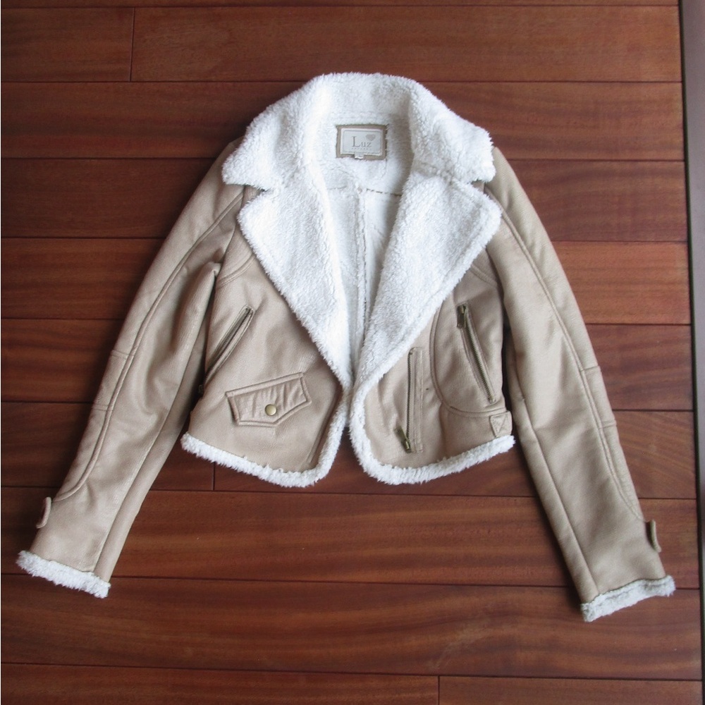Tan and White Teddy Jacket with Sherpa Lining